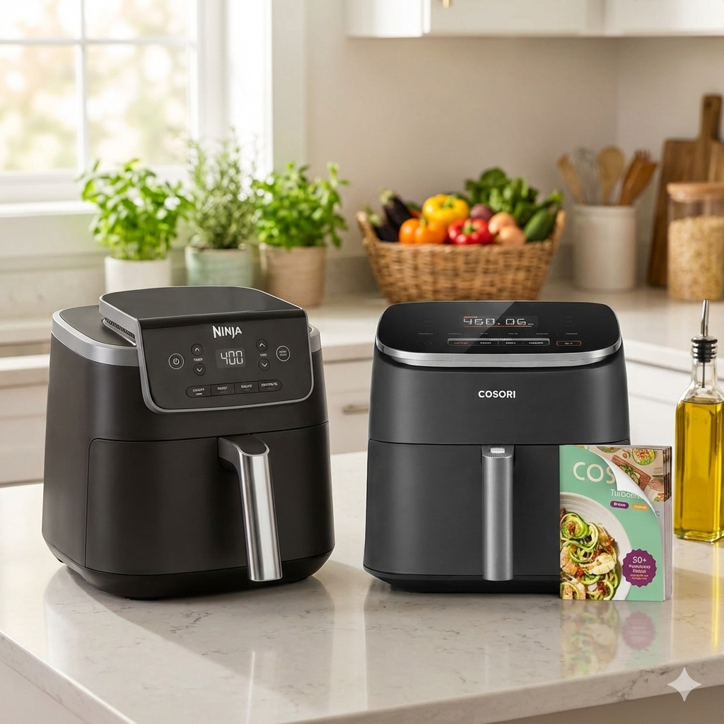 The best air fryers of 2026, the Cosori TurboBlaze and Ninja Pro, displayed on a kitchen counter with breakfast ingredients like eggs and hash browns.