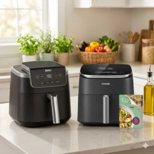 The best air fryers of 2026, the Cosori TurboBlaze and Ninja Pro, displayed on a kitchen counter with breakfast ingredients like eggs and hash browns.