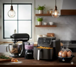 Best kitchen gadgets in 2026 featuring a stand mixer, Ninja air fryer, Hamilton Beach chopper, and DASH rapid egg cooker
