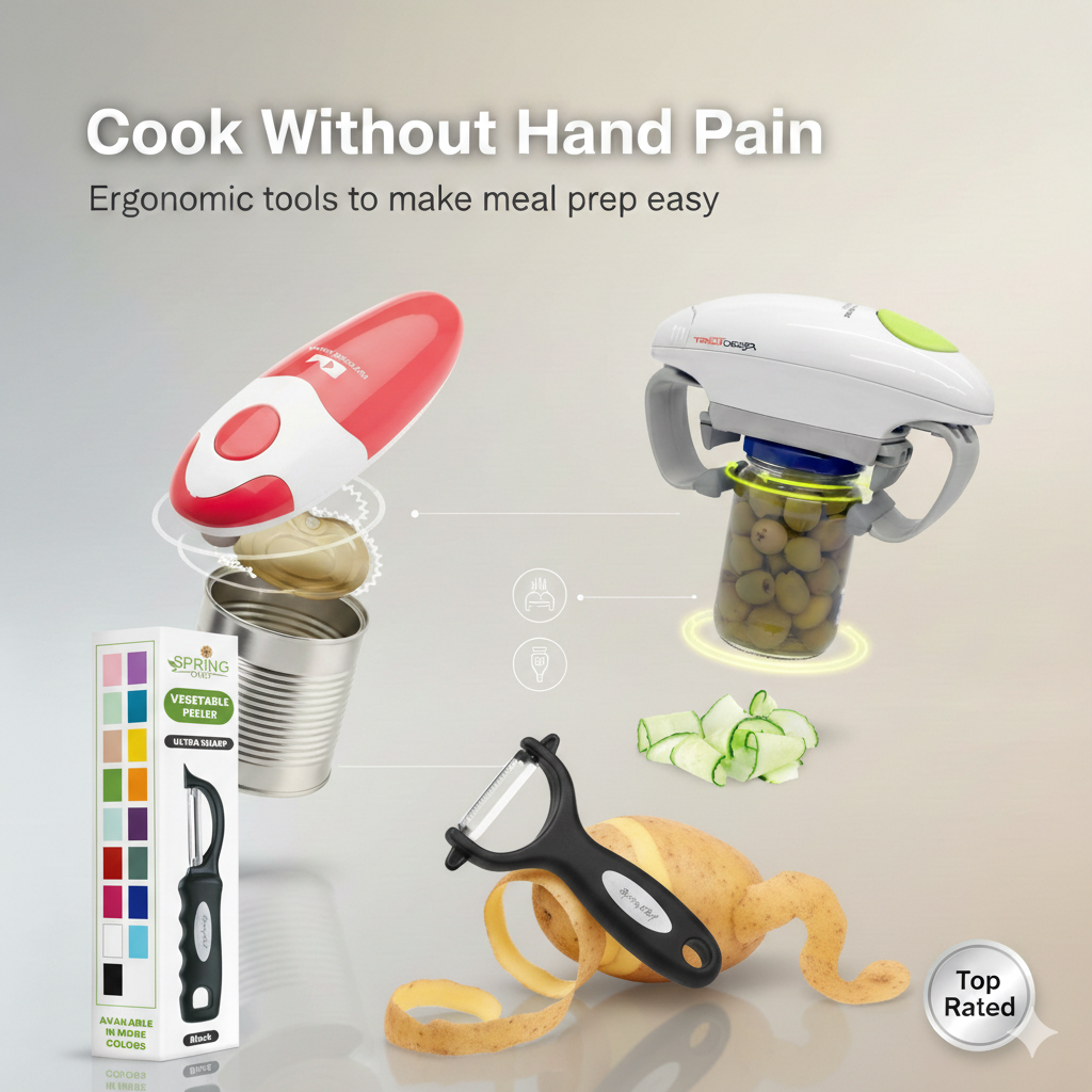 Best Kitchen Tools for Weak Hands and Arthritis Pain in 2026 2 Robotwist automatic jar opener, Kitchen Mama electric can opener, and Spring Chef soft-grip vegetable peeler – best kitchen tools for weak hands and arthritis pain
