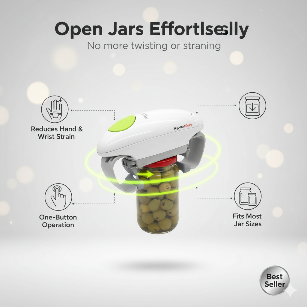 Robotwist automatic jar opener, Kitchen Mama electric can opener, and Spring Chef soft-grip vegetable peeler – best kitchen tools for weak hands and arthritis pain