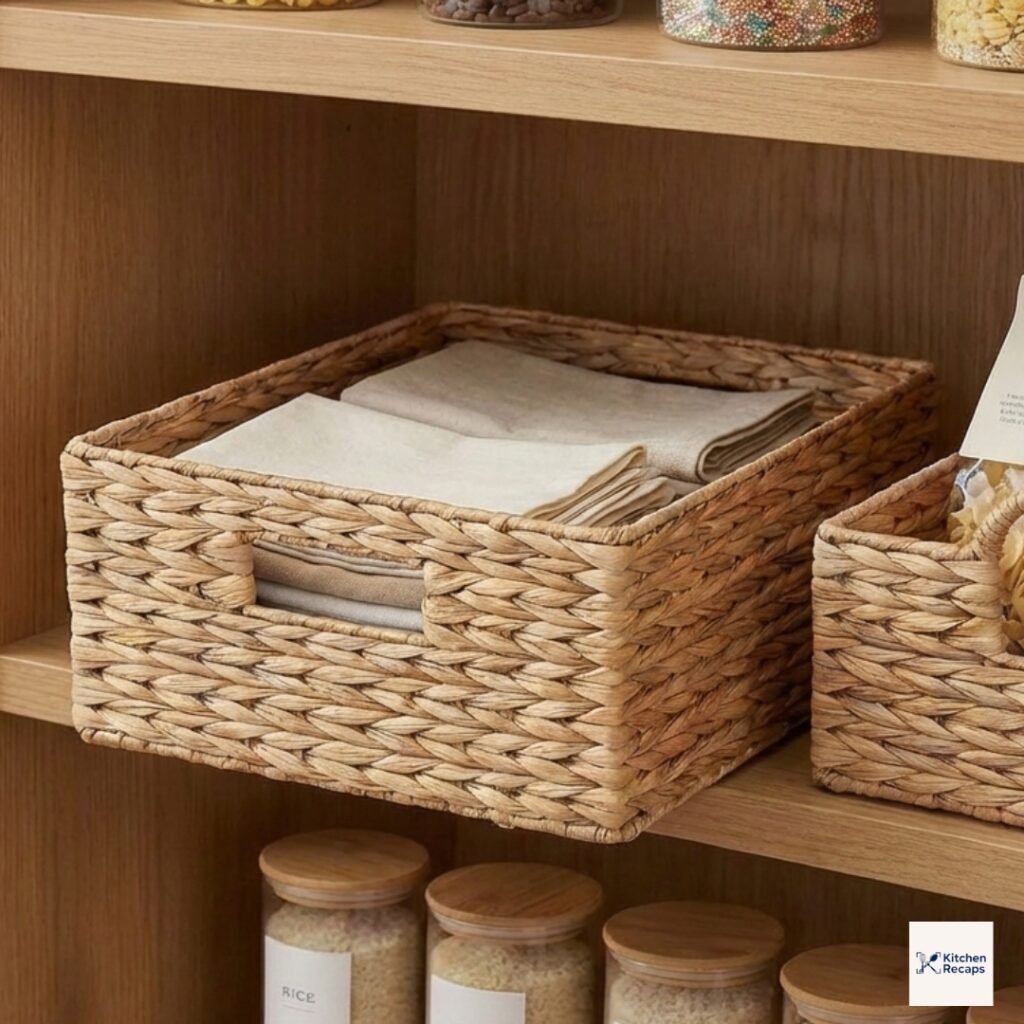 How to Organize Kitchen Pantry: 5 Stunning & Ultimate Ideas for 2026 3 Natural water hyacinth storage baskets used for organizing dry food and linens on wooden kitchen pantry shelves.