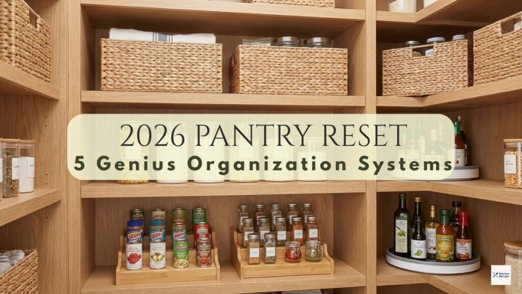 How to organize kitchen pantry with 2026 aesthetic soft styling featuring wooden shelves, woven baskets, and glass storage jars.