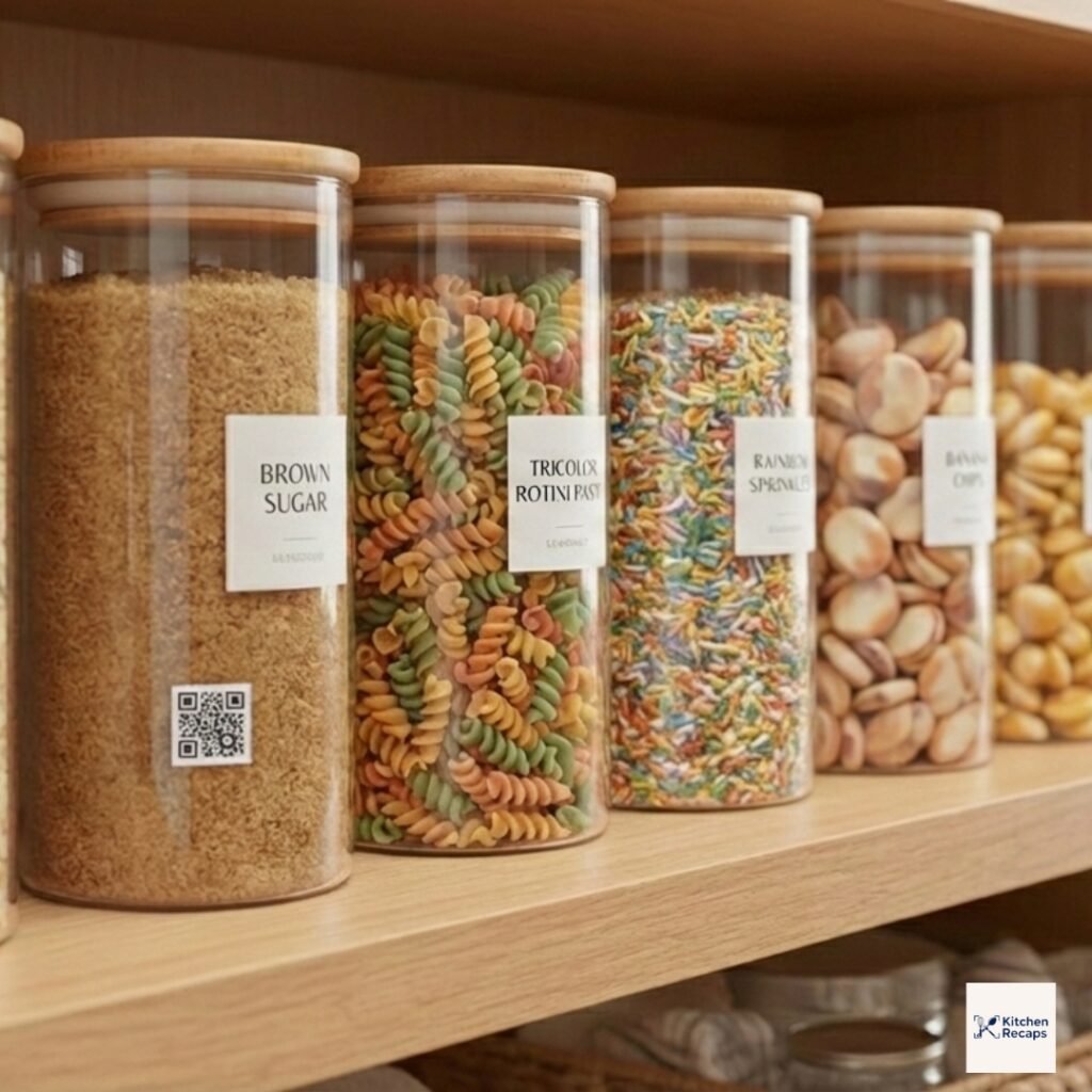 How to Organize Kitchen Pantry: 5 Stunning & Ultimate Ideas for 2026 5 Aesthetic glass food storage jars with bamboo lids and minimalist labels including modern QR code inventory stickers.