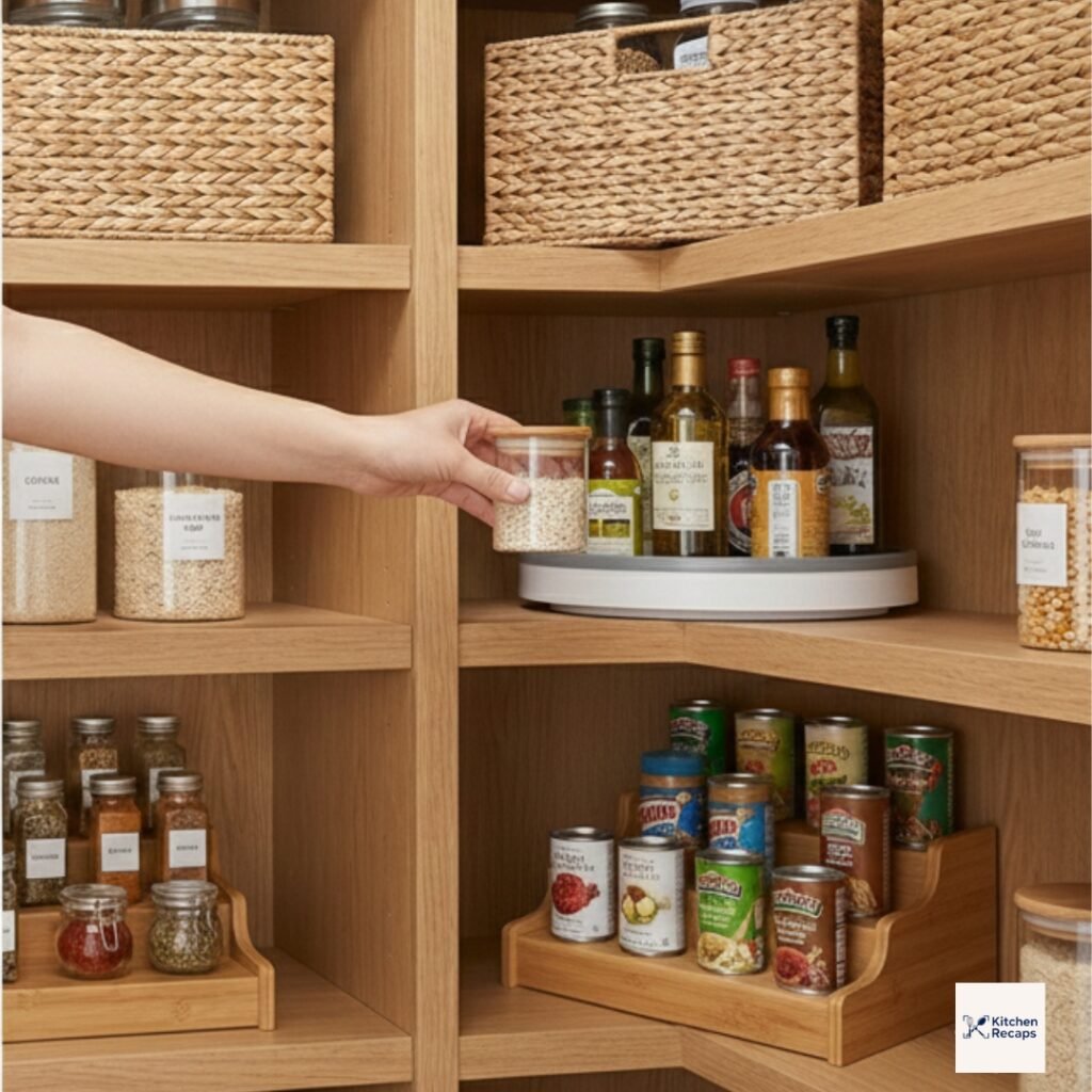 How to Organize Kitchen Pantry: 5 Stunning & Ultimate Ideas for 2026 7 Aesthetic kitchen pantry corner featuring a white Lazy Susan for oils and spices, showing how to organize kitchen pantry shelves with woven baskets and sustainable bamboo organizers.
