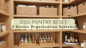How to organize kitchen pantry with 2026 aesthetic soft styling featuring wooden shelves, woven baskets, and glass storage jars.