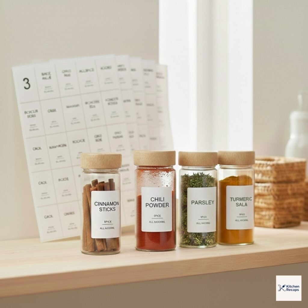 How to Organize Kitchen Pantry: 5 Stunning & Ultimate Ideas for 2026 9 Minimalist spice jars with waterproof labels and bamboo lids, demonstrating how to organize kitchen pantry shelves for a clean and aesthetic 2026 home look.