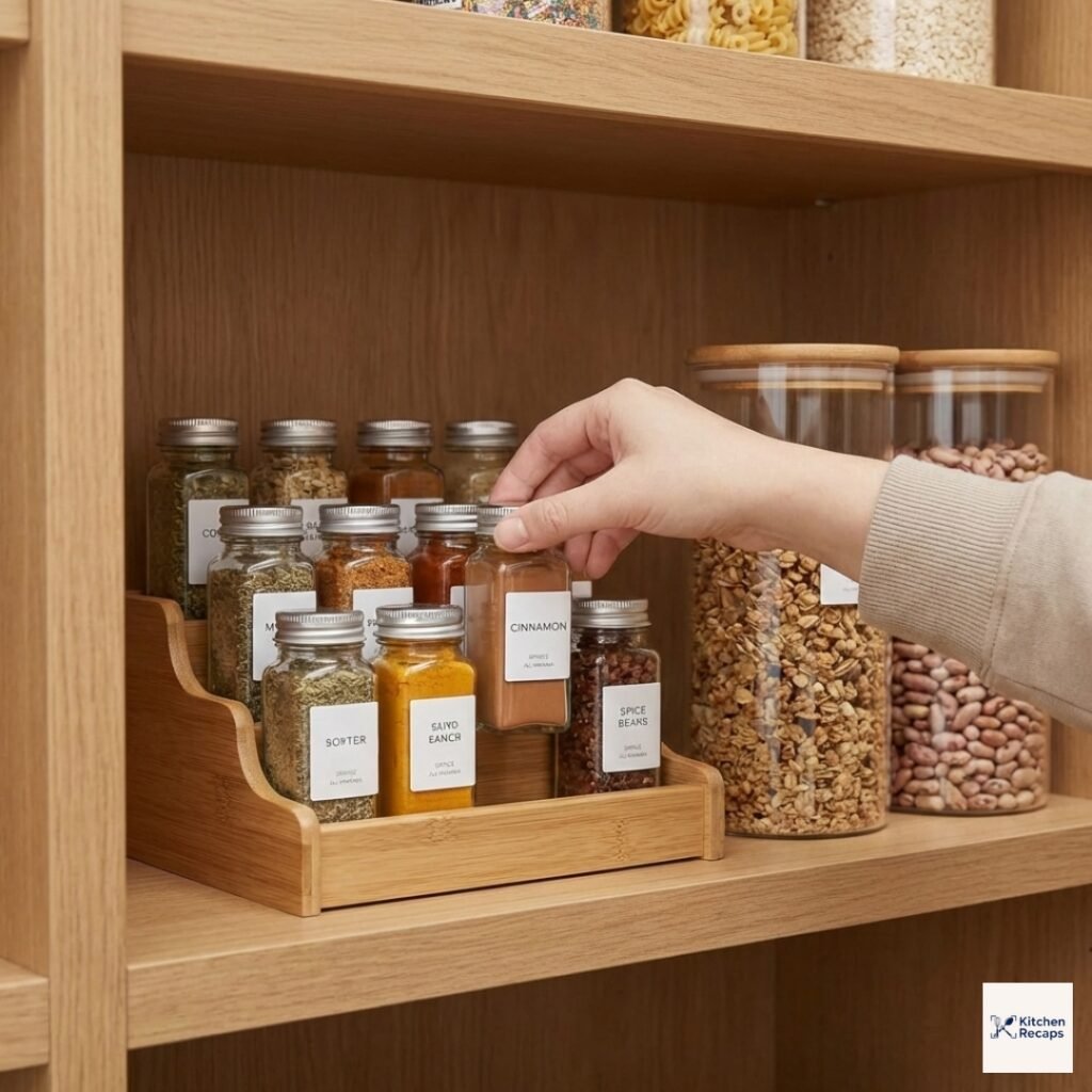 How to Organize Kitchen Pantry: 5 Stunning & Ultimate Ideas for 2026 11 A 3-tier bamboo expandable spice rack organizer in a kitchen pantry with minimalist waterproof labels and small glass jars.