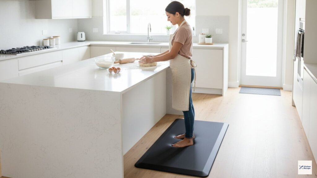 3 Best Kitchen Back Pain Solutions: 2026 Senior Comfort Guide 3 A person using professional kitchen back pain solutions by standing on a thick anti-fatigue mat, illustrating the support provided by memory foam floor mats, perch stools, and compression socks for seniors.