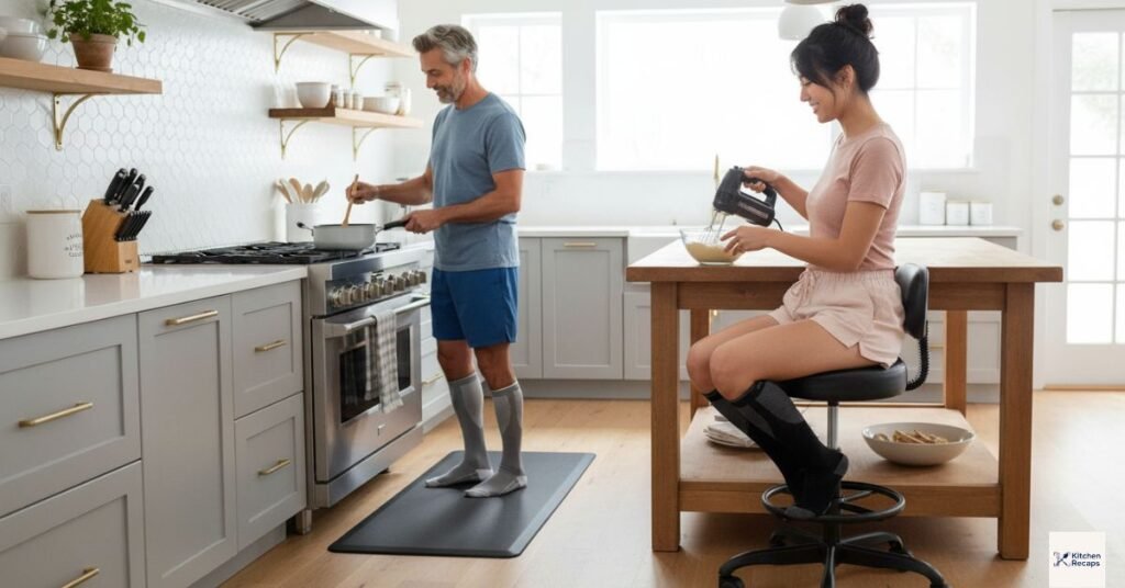 A complete setup of the best kitchen back pain solutions for 2026, showing a senior-friendly kitchen equipped with an anti-fatigue floor mat, a rolling perch stool, and graduated compression socks for total body support.