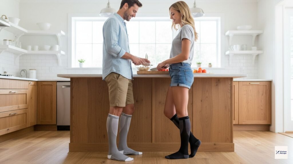 3 Best Kitchen Back Pain Solutions: 2026 Senior Comfort Guide 7 Home chefs wearing medical-grade compression socks as part of a system of kitchen back pain solutions that features anti-fatigue floor mats and ergonomic rolling perch stools for improved circulation.