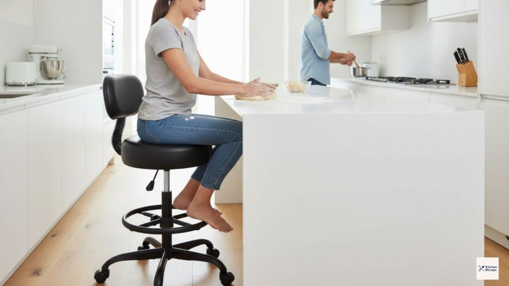 3 Best Kitchen Back Pain Solutions: 2026 Senior Comfort Guide 5 An ergonomic rolling stool being used at a kitchen island, representing high-quality kitchen back pain solutions including perch stools, anti-fatigue mats, and compression socks for long hours of food preparation.